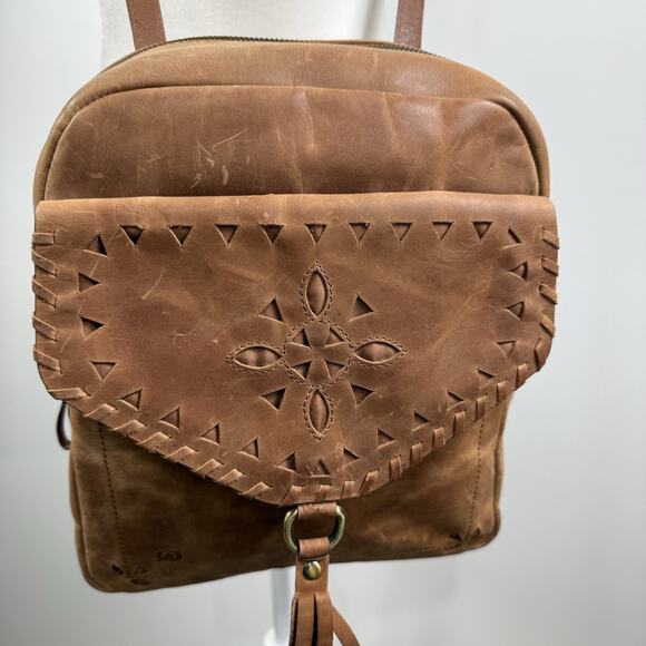 BORN Brown Leather Backpack Bag Distressed Bohemian Laser Cut Fringe Festival - Picture 16 of 16